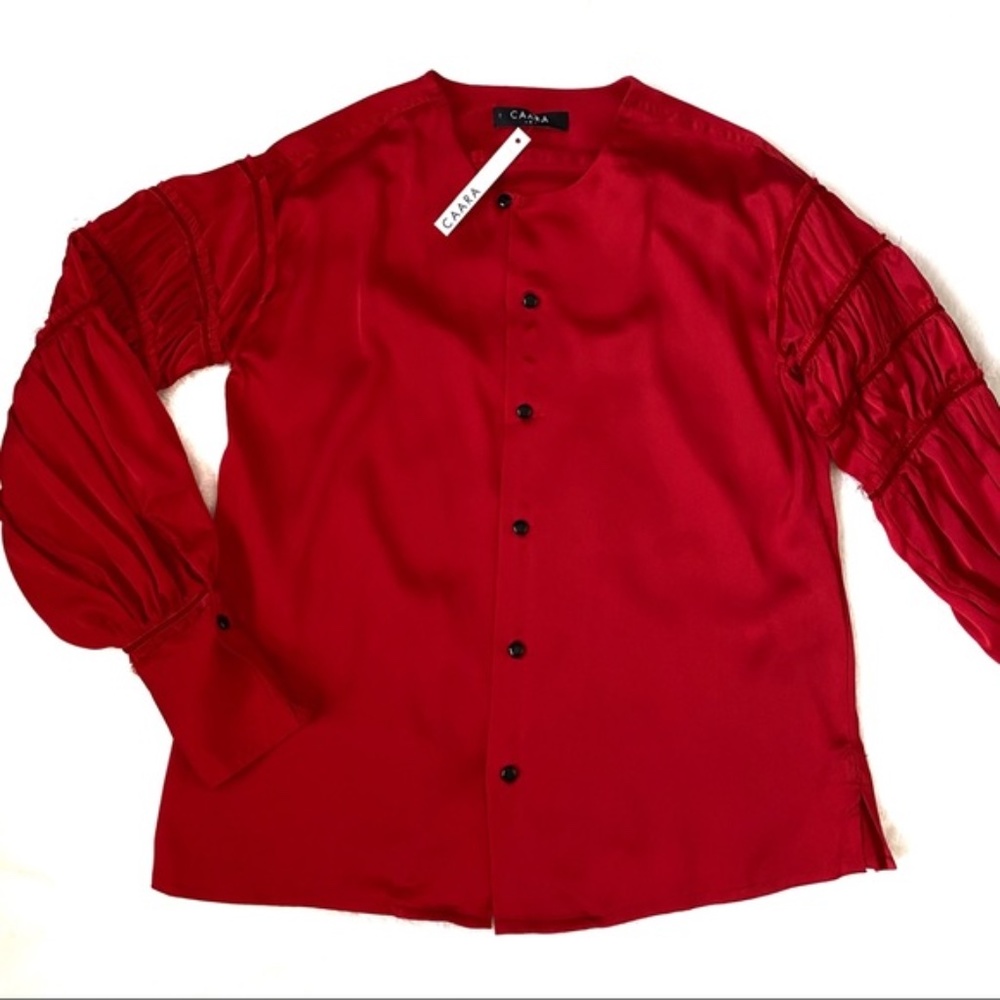 Caara Satin Top Ruffled Button Down Long Sleeves